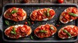 Italian bruschetta with tomatoes in a rustic style.