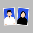 Indonesia formal muslim couple portraits, marriage book theme. Man and woman photos with white shirt and blue background