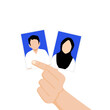 Indonesia formal muslim couple portraits, marriage book theme. Man and woman photos with white shirt and blue background
