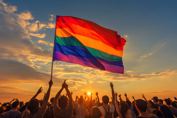 Silhouette of pride parade people and rainbow flag at sunset. LGBTQ pride.