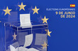 European Elections in Spain. A transparent ballot box against the background of the symbol of the European Union with the Spanish inscription 