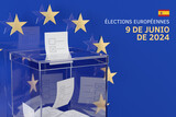 Fototapeta  - European Elections in Spain. A transparent ballot box against the background of the symbol of the European Union with the Spanish inscription 