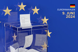 Fototapeta  - European Elections in Germany. A transparent ballot box against the background of the symbol of the European Union with the German inscription 