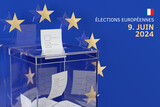 Fototapeta  - European Elections in France. A transparent ballot box against the background of the symbol of the European Union with the French inscription 
