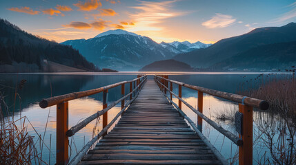 Wall Mural - Wooden jetty leading to tranquil lake waters with mountain silhouettes at sunset