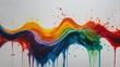 a brightly colored paint drips down a white wall, viscous rainbow paint. Abstract background 