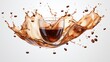 Dynamic Coffee Splash with Glass Cup and Flying Coffee Beans on White Background