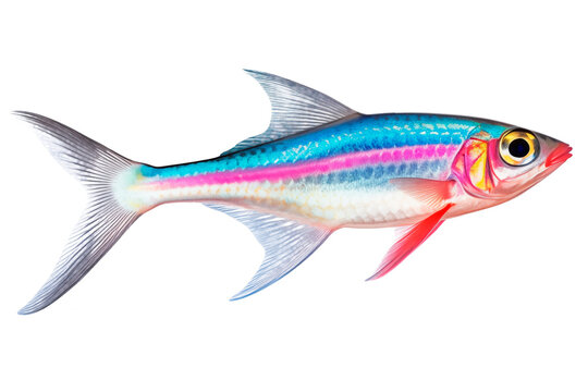 Neon Tetra fish isolated on white or transparent background. Close-up of colorful fish, side view. A graphic design element to be inserted into a project.