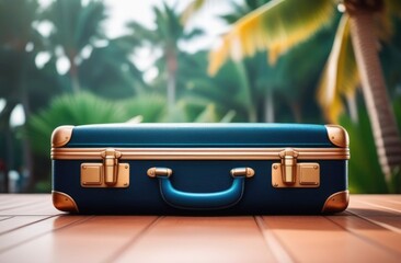 the blue suitcase,a suitcase against the background of palm trees , a tourist's suitcase,