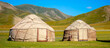 Yurt. National old house of the peoples of Kyrgyzstan and Asian countries. national housing. Yurts on the background of green meadows and highlands. Yurt camp for tourists.