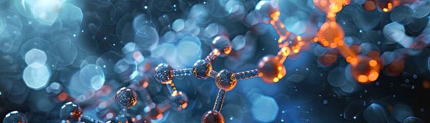 3D render of a glowing blue and orange atom or molecule structure with a bokeh background