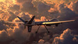 Against a dramatic cloudy sky, a stealthy military drone with the bold 
