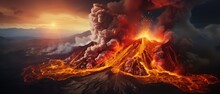 Overhead Shot Of An Intense Eruption, With Lava Creating A Spectacular, Destructive Tapestry On The Mountain