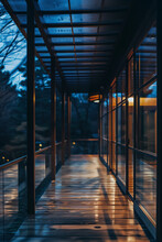 **glass House Night By Safa D'amore For Stocksy United, In The Style Of Wood, Japanese Minimalism, Uhd Image, Natural, Glazed Surfaces, Impressive Panoramas, Varying Wood Grains 