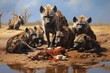 A pack of hyenas scavenging a carcass.