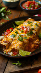 Wall Mural - Appetizing Cheesy Enchiladas Served on a Plate with Fresh Toppings