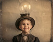 Steampunk-style vintage photo of a boy with a light bulb head, smiling, on a neutral background.
