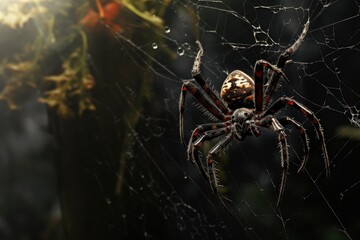 a spider weaving a web to catch flying insects.
