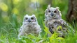 Eurasian Eagle Owls exploring nature outside their nest in the grass A young white owl is venturing outside for the first time