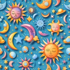 Sticker - A seamless pattern of suns and moons with geometric 3D shapes and vibrant colors. Seamless Pattern, Fabric Pattern, Tumbler Wrap, Mug Wrap.