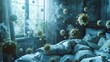 A bedroom with a bed, pillows, and a window. The air is filled with virus particles.