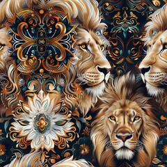 Wall Mural - majestic 3d lions with manes featuring boho patterns and mandalas. seamless pattern, fabric pattern,