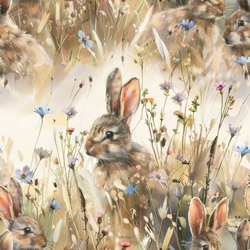 3D rabbits in a meadow of wildflowers, with a soft watercolor effect. Seamless Pattern, Fabric Pattern, Tumbler Wrap, Mug Wrap.