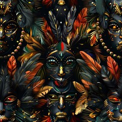 Canvas Print - 3D tribal masks adorned with feathers and beads, set against a seamless boho pattern.Seamless Pattern, Fabric Pattern, Tumbler Wrap, Mug Wrap.