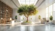 A large tree is in the middle of a large room with a lot of natural light
