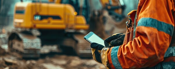 Wall Mural - A construction worker in reflective clothing uses a tablet in an industrial setting with heavy machinery