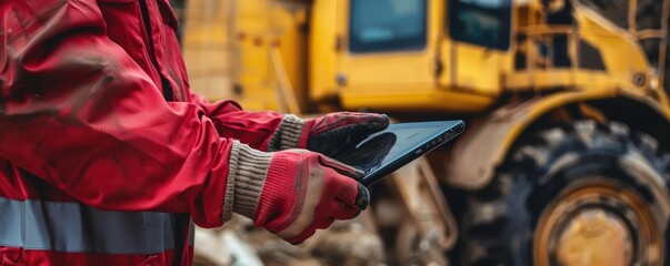 Wall Mural - A construction worker in reflective clothing uses a tablet in an industrial setting with heavy machinery