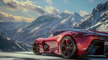 An Extravagant Sports Car With Shiny Paint, Recorded Against The Background Of A Panoramic View Of A Mountain Valley. 