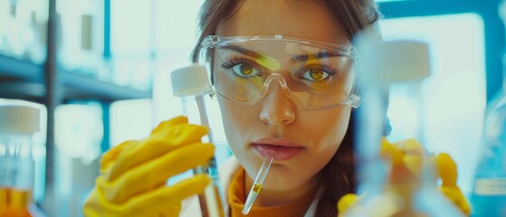 Wall Mural - Beautiful female scientist using micropipettes for testing. Advanced Scientific Lab for Medicine, Biotechnology, Microbiology Development.