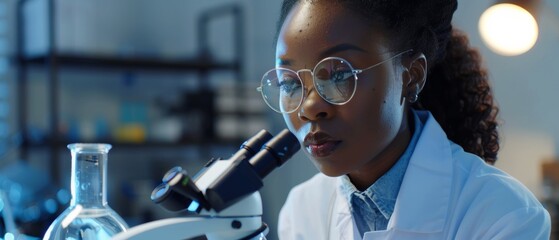 Sticker - An ambitious young biotechnology specialist looks under a microscope, analyzing the test sample under microscope.