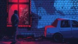 Fototapeta  - An artist paints graffiti on a wall in the ghetto with an aerosol in a dark cityscape with a broken car. Vandalism or creative hobby occupation, modern web banner.
