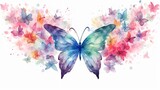 Fototapeta Motyle - A watercolor painting of a blue and green butterfly with pink, yellow, and purple flowers.