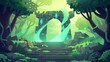 An amazing portal in the forest built on top of stone stairs, surrounded by mysterious trees and a glowing gate entrance with green plasma swirls. An illustration for a fantasy book or game.