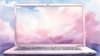 An illustration of a laptop with a pink and blue sky background.