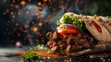Wall Mural - Delicious Grilled Steak Sandwich with Fresh Vegetables and Herbs