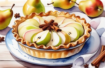 Wall Mural - Pear pie on plate in watercolor style