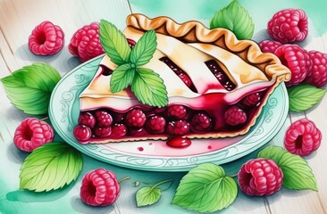 Wall Mural - Piece of raspberry pie on plate in watercolor style