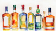 Colorful liquor bottles watercolor painting style, generative AI.