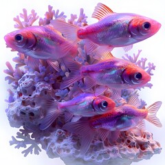 Dazzling School of Neon Tetras Gliding Through a Vibrant 3D Coral Reef with Iridescent Scales and Hypnotic Movements