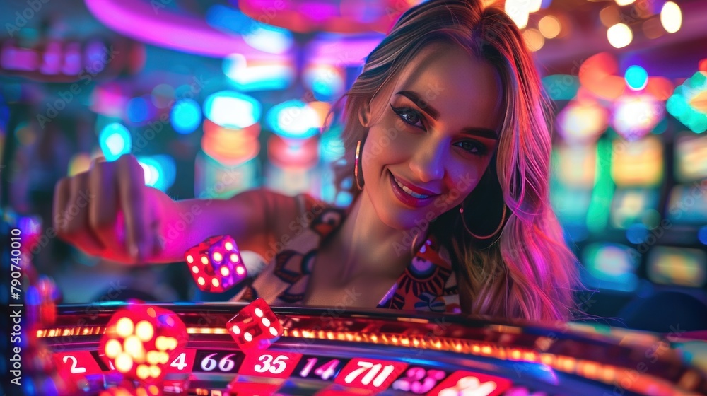 Collage artwork of lovely elegant lady holding roulette wheel and spinning dice cubes to become a casino winner