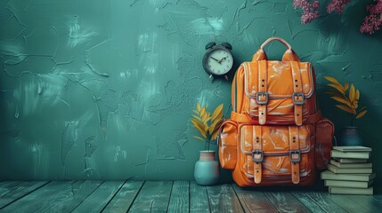 A yellow backpack, books and an alarm clock on the left side of a green background with school icons drawn in white chalk. The concept for template design elements or back-to-school banners.