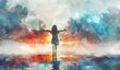 © Алексей Василюк - watercolor painting of a little girl standing with her arms outstretched, with a misty background, white and pastel colors, in the style of water color, clipart design