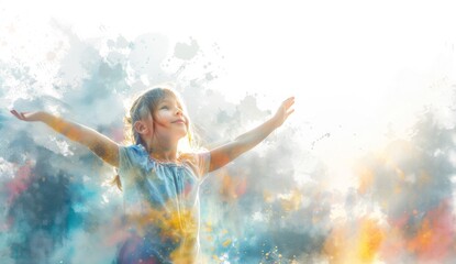 Poster - A little girl stands with her arms outstretched, facing the sky, in a watercolor painting with a white background and pastel colors, mist around her. -