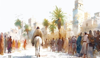 A white horse walking through the streets of ancient Jerusalem with Jesus riding on it. Many people standing around watching him as he comes towards them in celebration, wearing cloaks and robes.