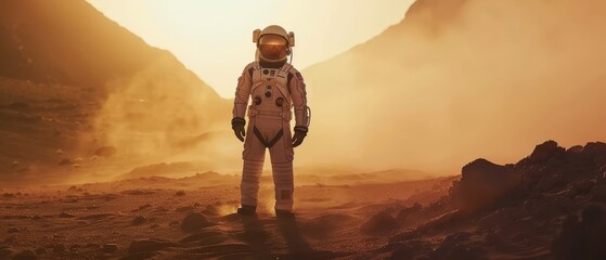 Wall Mural - Adventure. Space Travel, Habitable World, and Colonization Concept. A brave astronaut explores the red planet mars covered in mist.