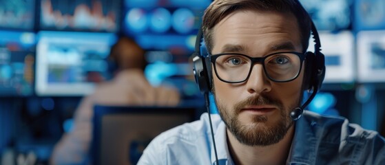 Wall Mural - In the System Control Center, an experienced technical support specialist speaks into a headset. When he listens to his colleagues, the room is filled with screens.